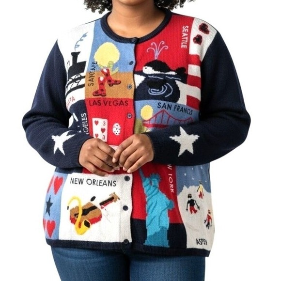 Quacker Factory Sweaters - Vintage 90's USA Travel Sweater, Novelty Cardigan, 1X  Blue Red Quacker Factory